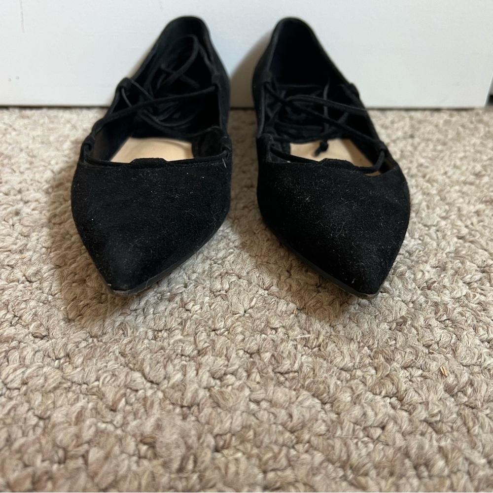 $495 Michael Kors black suede pointed toe lace-up ballet flats size 37.5/6.5 - Picture 2 of 6